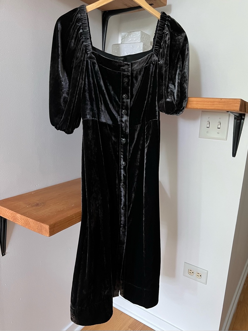 J. Crew Black Velvet Midi Dress with Puff Sleeves
